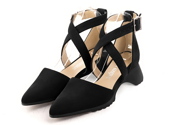 Matt black women's open side shoes, with crossed straps.. Front view - Florence KOOIJMAN